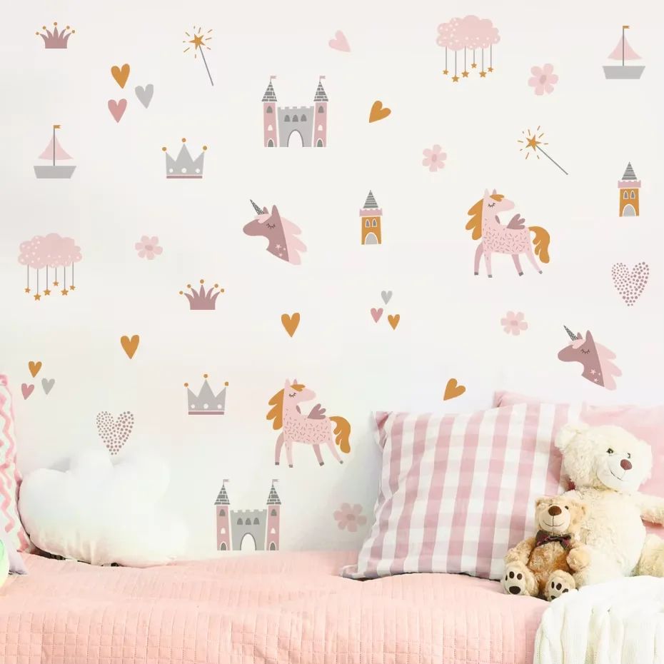 Watercolor Unicorn Fairy Wall Stickers – Rainbow Animal Decals for Kids & Nursery Room Decor