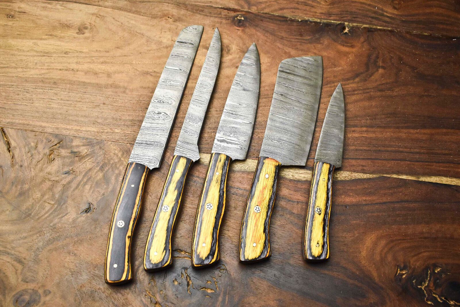 Custom 5 Handmade Damascus Steel Chef Knives | Hammered Full Tang Kitchen Set
