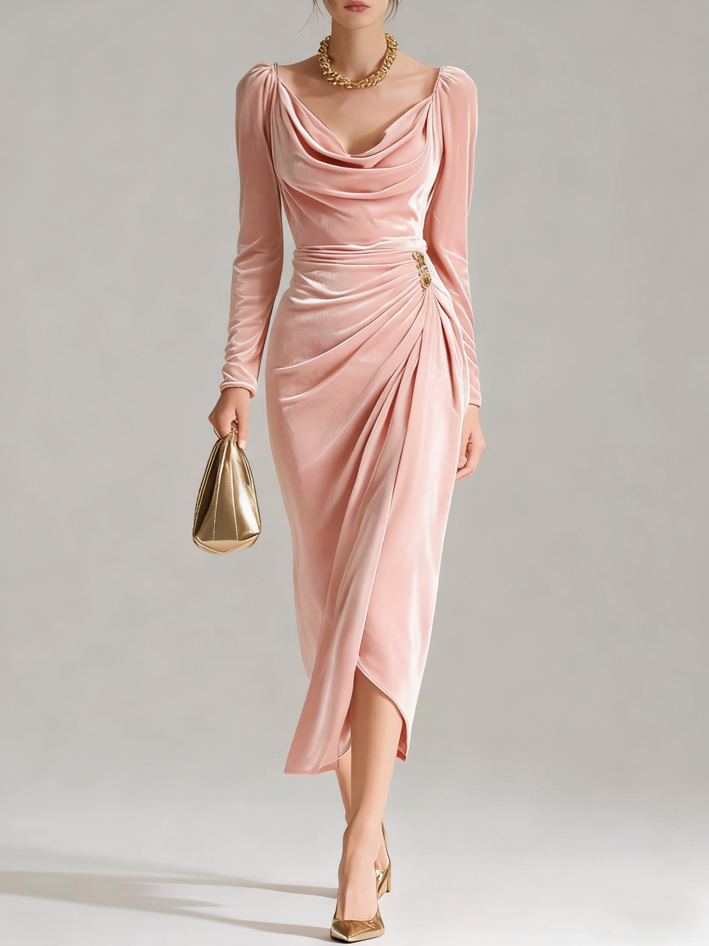 Casual Gold Velvet Sexy Bodycon Dress, European and American Womens Long Sleeve Slim Pleated Split Style
