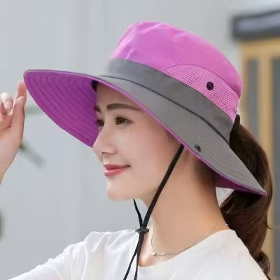 Womens Wide Brim Sun Hat with Ponytail Hole Breathable Waterproof Summer Beach Hat