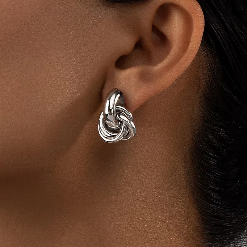 Gold Silver Color Knot Stud Earring For Women, Shiny Trendy Earrings, Cute Daily Wear Jewellery, Fashionable Earring