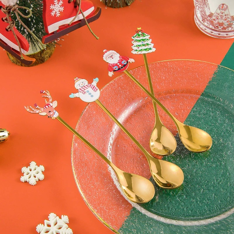 Stainless Steel Christmas Spoon Set, Coffee Spoon, Dessert Spoon, Santa Claus Tableware, Kitchen Utensils, Holiday Gift
