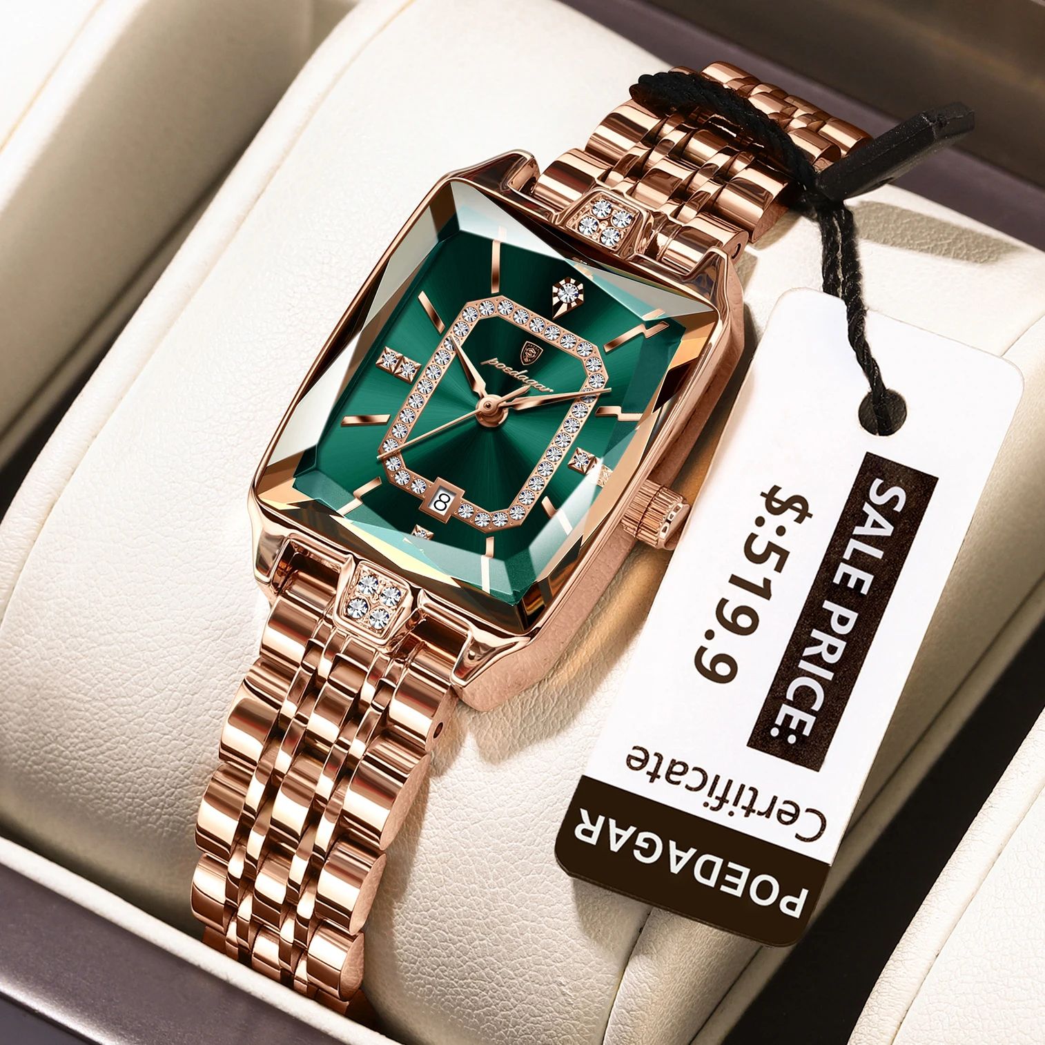 POEDAGAR Luxury Waterproof Rectangle Women's Quartz Watch with Calendar