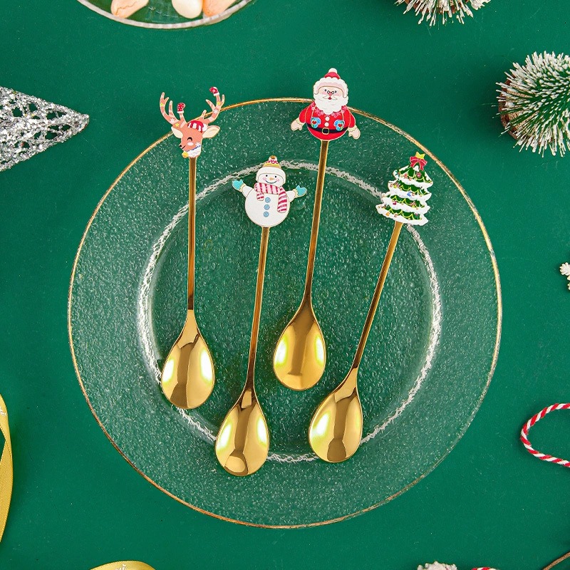 Stainless Steel Christmas Spoon Set, Coffee Spoon, Dessert Spoon, Santa Claus Tableware, Kitchen Utensils, Holiday Gift