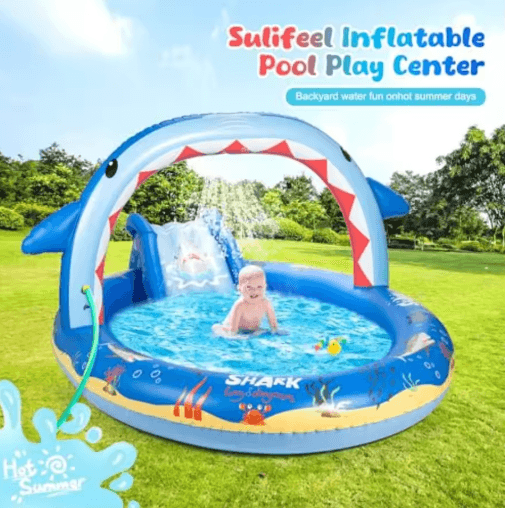 Dinosaur Inflatable Play Center Pool with Slide – Kids Backyard Water Play Center with Sprinkler & Pump