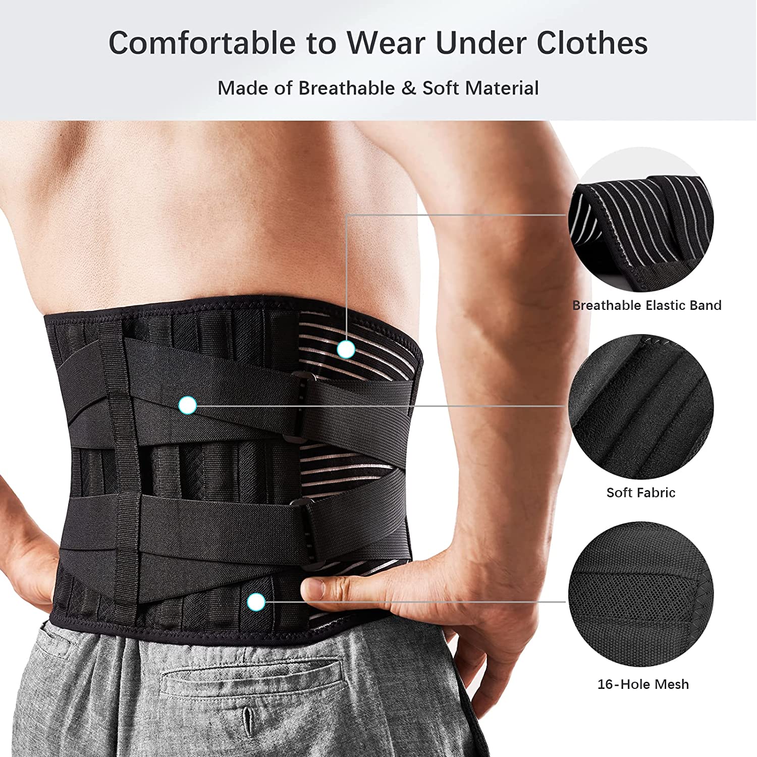 Back Braces for Lower Back Pain Relief Breathable, Anti-Skid Lumbar Support Belt with Stays and Holes