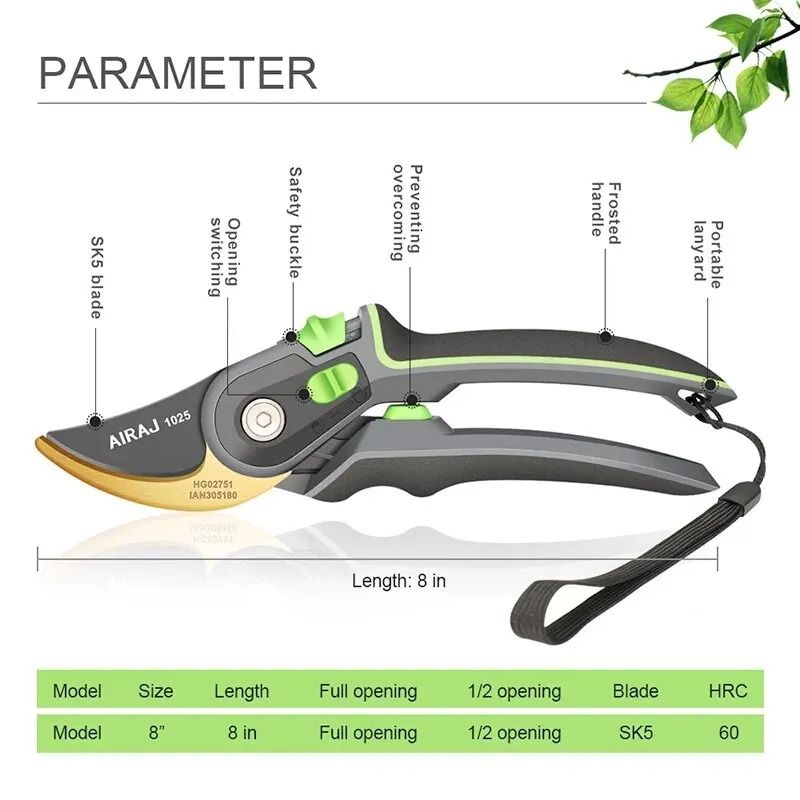 AIRAJ 8 Inch Pruning Shears Sharp Garden Scissors Labor Saving Hand Pruners