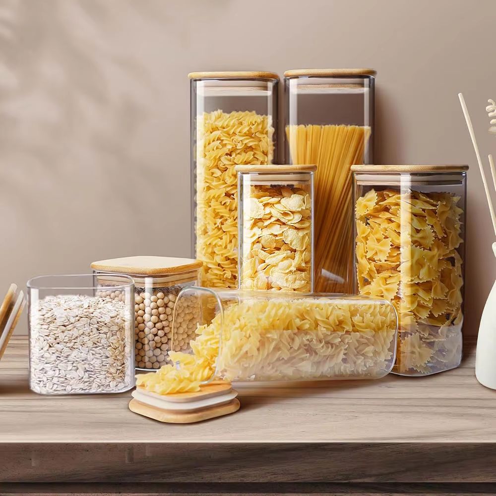 Eco Stack Square Glass Storage Jars with Bamboo Lid – Stylish Airtight Canisters for Coffee, Grains & Pantry Essentials
