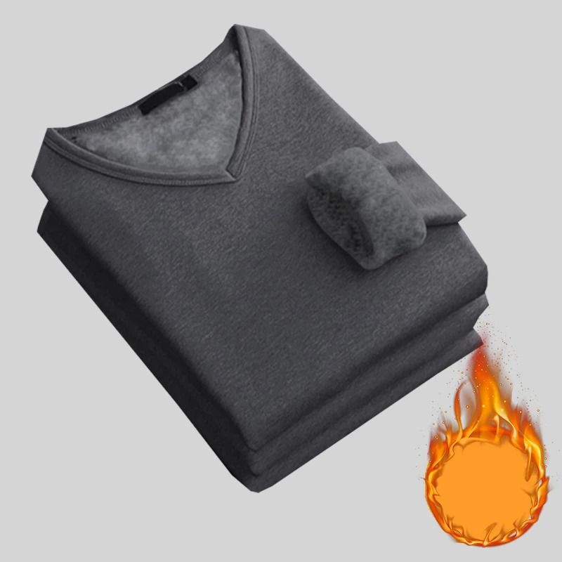 Mens V Neck Thermal Shirt Fleece Lined Winter Base Layer Top