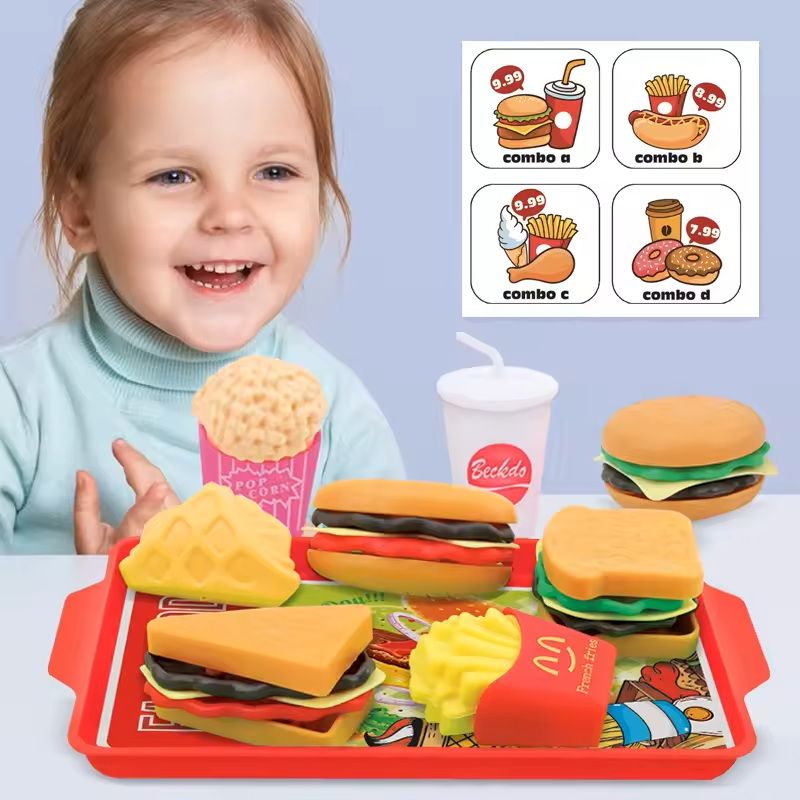 9-Piece Kids Pretend Play Food Toy Set Hamburger, Fries & Hot Dog Play Kitchen Toy for Toddlers