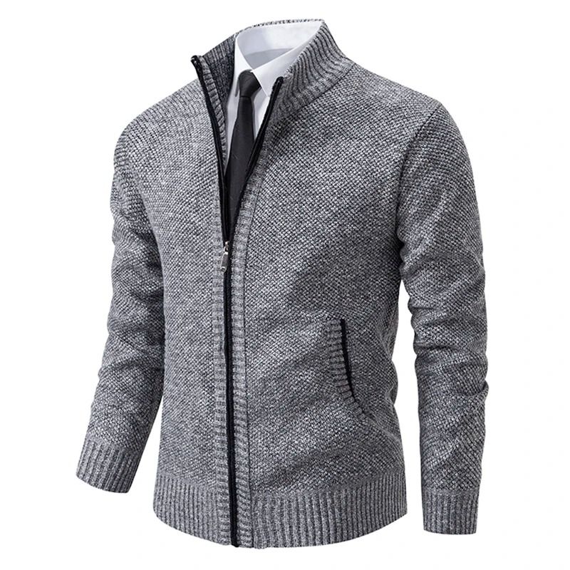 Men Casual Fleece Zipper Stand Collar Cardigan Warm Winter Sweater
