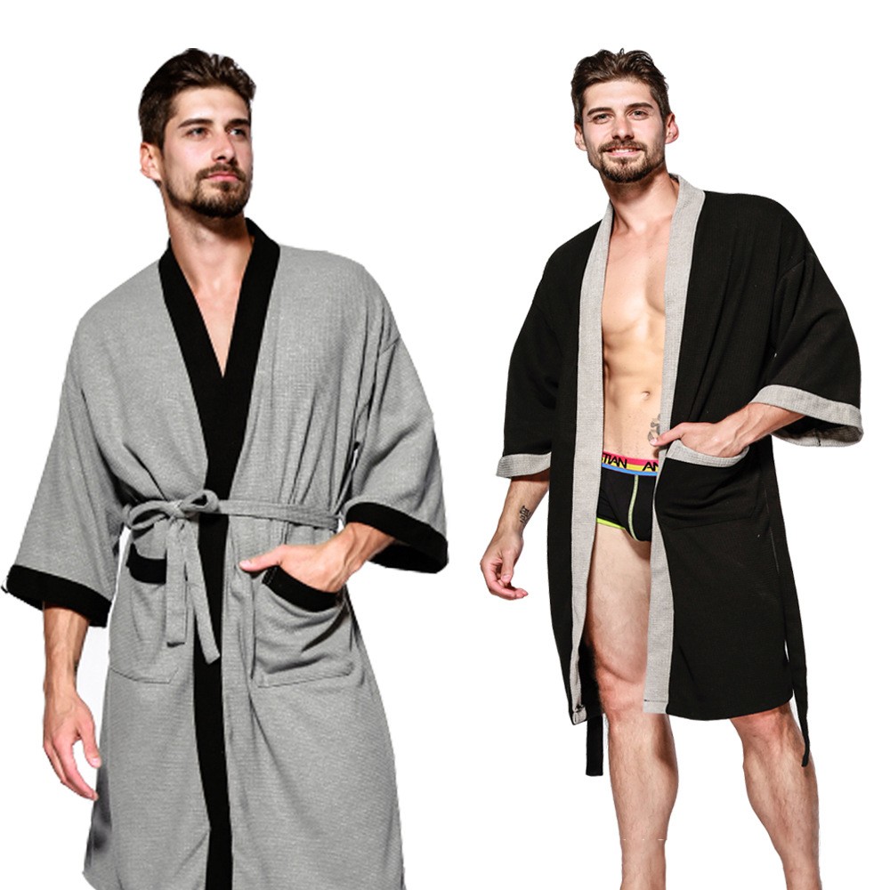 Black Cotton Waffle Men Bathrobe, Gown Sleepwear, Loose Casual Nightwear, Sauna Spring Summer Home Wear for Couples
