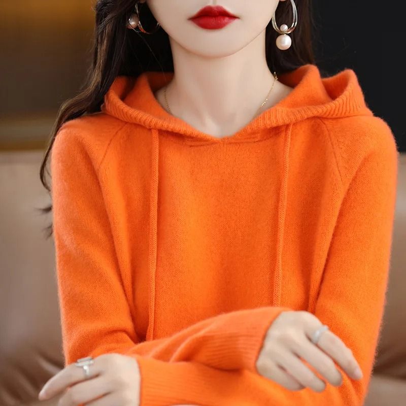 Casual Womens Knitted Hoodie Sweater Loose Drawstring Pullover Hoodie