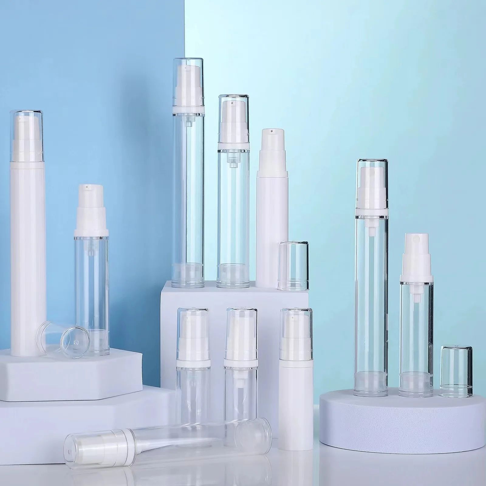 5-Piece Airless Pump Bottle Set (5ml/10ml/15ml) Leak-Resistant Refillable Travel Containers