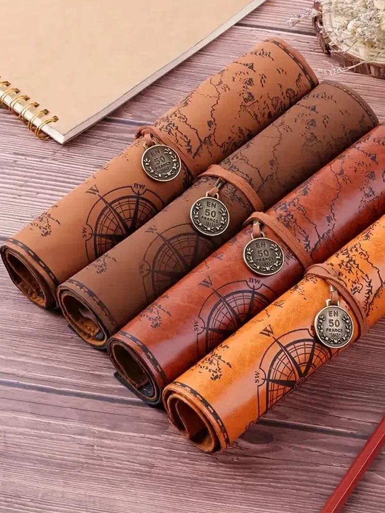Creative Retro Leather Pencil Case Large Capacity Treasure Map Roll Pencil Bag with Embossed Buckle