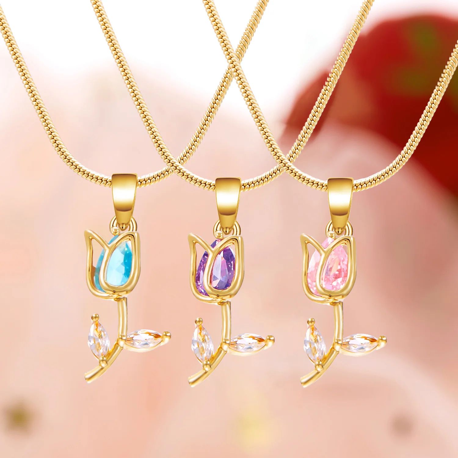 Zircon Tulip Flower Pendant Necklace for Women