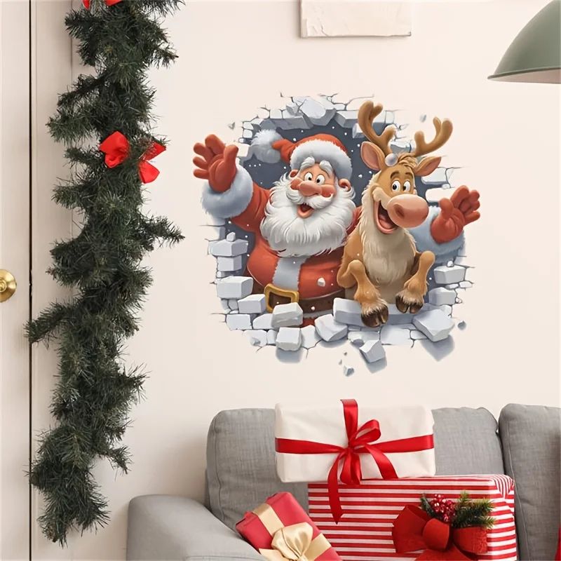 Festive 3D Santa & Rudolf Christmas Wall Stickers – Removable Self-Adhesive Holiday Window & Wall Decals