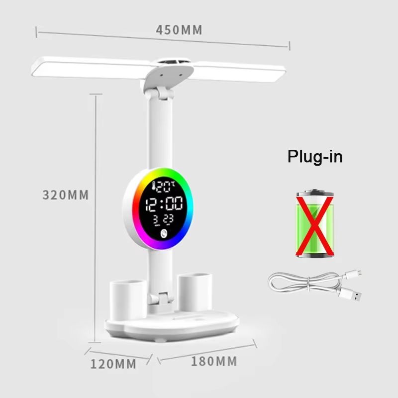 USB Charging LED Table Lamp with Adjustable Brightness Fan and Clock Display