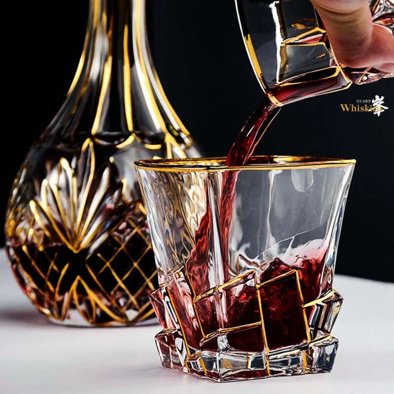 Gold Line Wine Whisky Glasses, Whiskey Glass Tumblers, Golden Painted Crystal Barware Cocktail Drinkware
