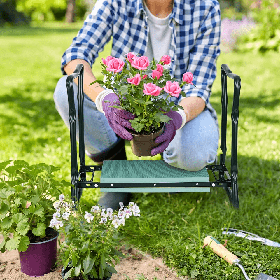 Folding Garden Kneeler Bench, Soft Cushion Seat Pad with Tool Pouch, Heavy Duty Steel Kneeling Bench Stool for Gardening