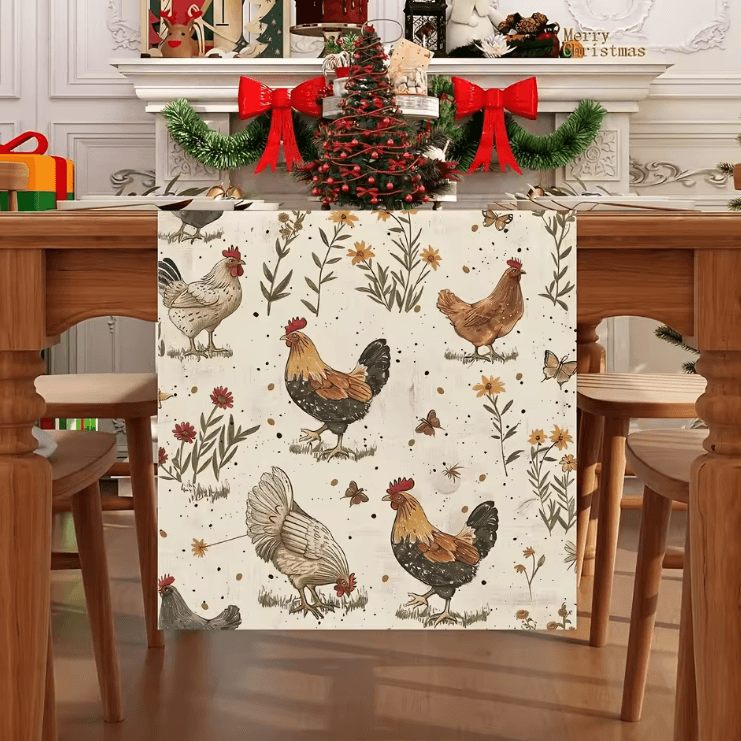 Vintage Rooster Floral Linen Table Runner – Rustic Farmhouse Bird Dining Decor