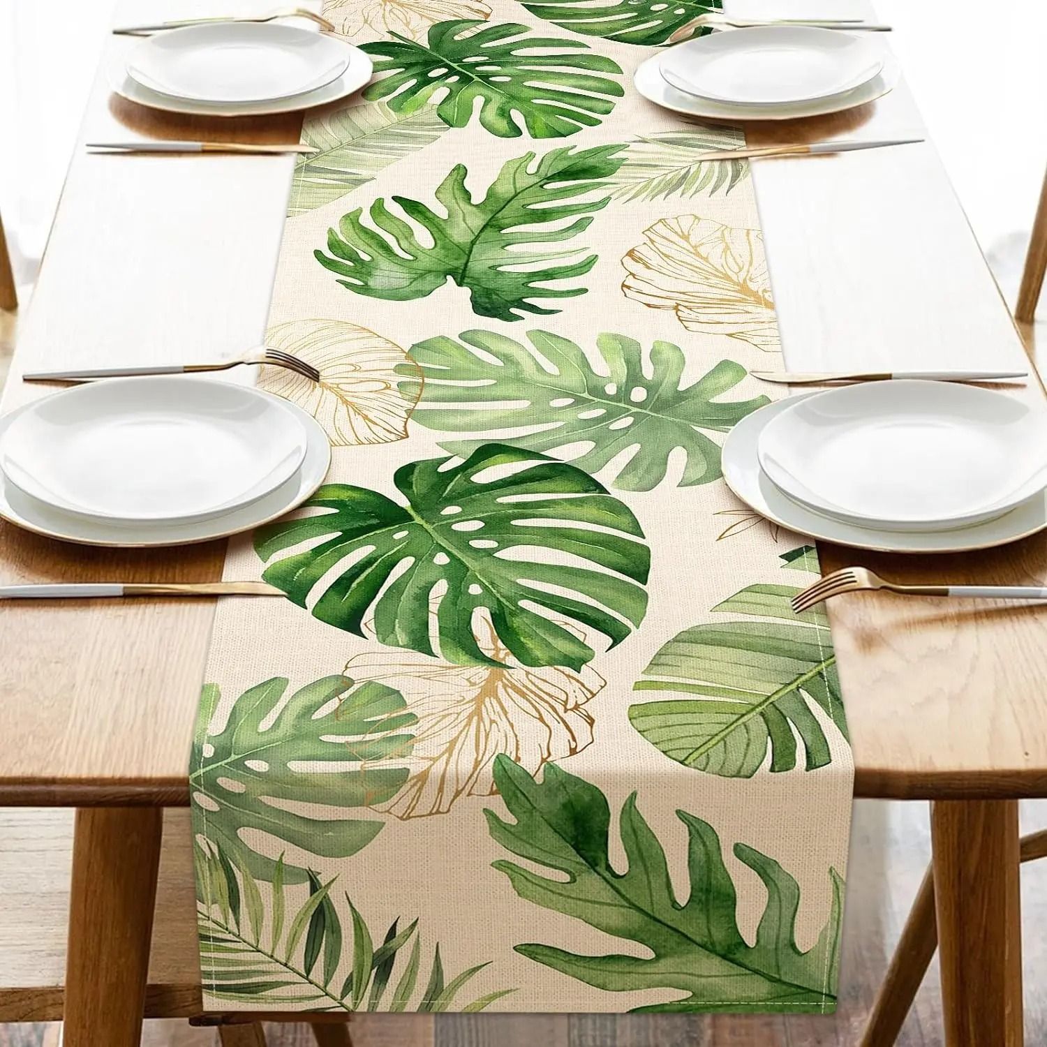 Tropical Palm Leaf Linen Table Runner Summer Greenery Dining Decor