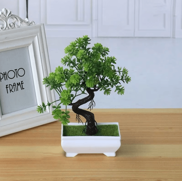 Plastic Mini Potted Plant Decor – Faux Bonsai Tabletop Ornament