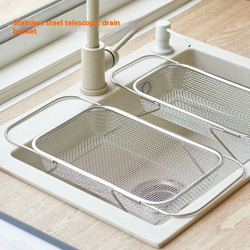 FlexiDrain Stainless Steel Expandable Sink Basket – Retractable Vegetable Washer & Dish Drying Rack