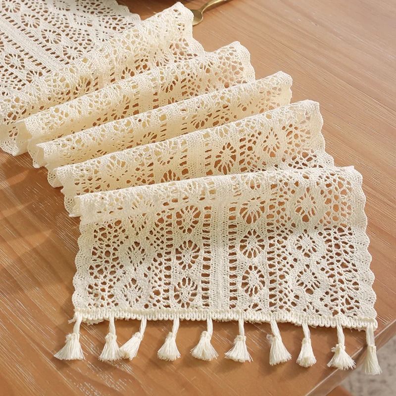 Boho Beige Crochet Macrame Table Runner – Vintage Farmhouse Bohemian Decor for Wedding, Coffee & Dining Tabl