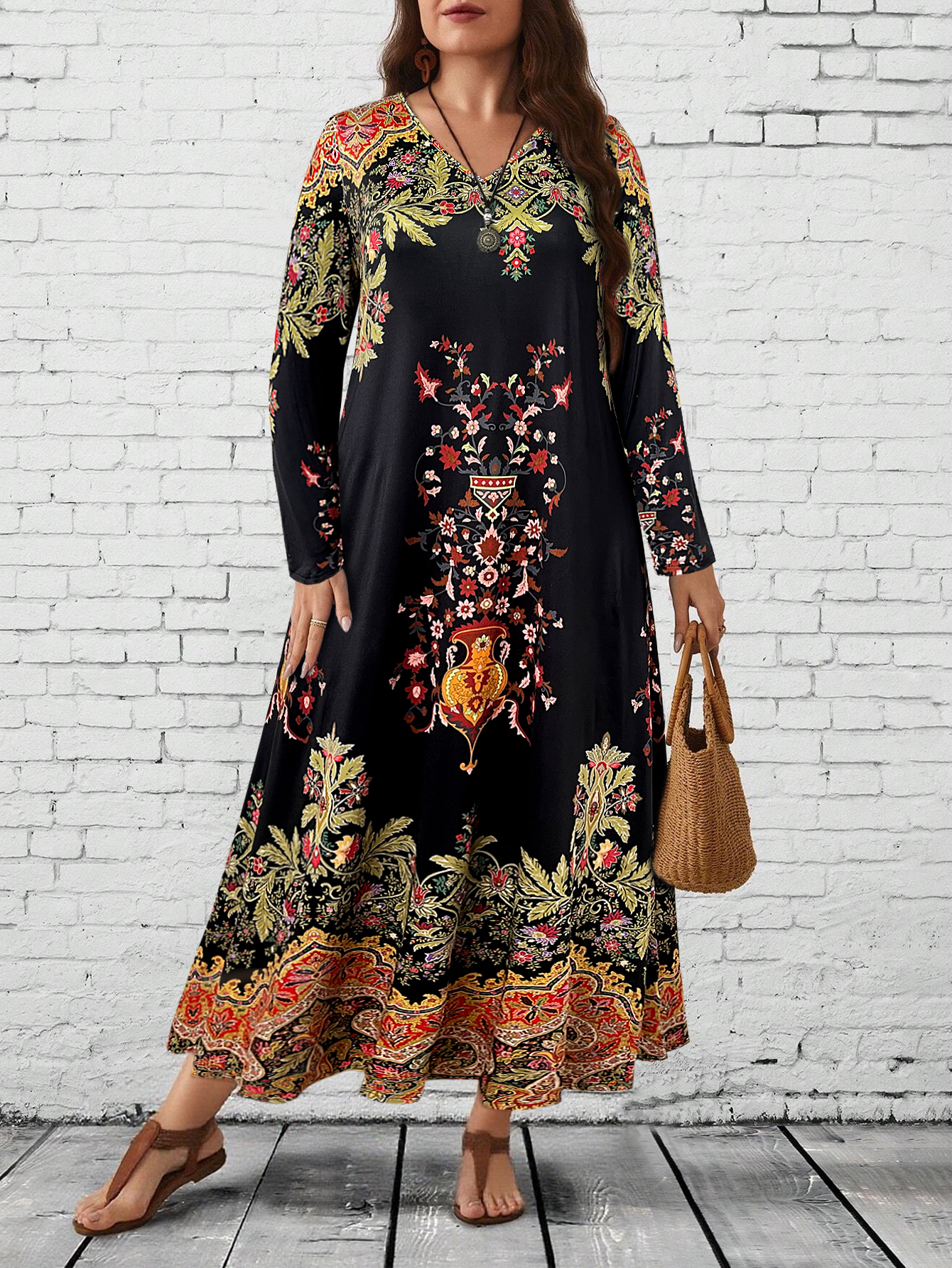 Floral Maxi Dress Women, Long Sleeve V Neck, Ethnic Print, Relaxed Casual and Festival Wear