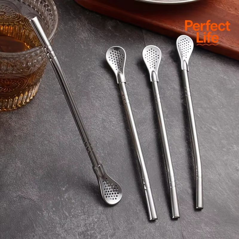 Cute Creative Stainless Steel Straw Spoon Multi-purpose Juice Milk Tea Spoon Coffee Stirring Spoon