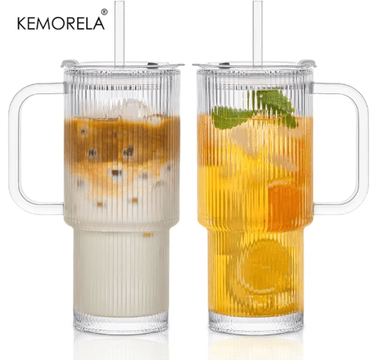 760 ml Ribbed Glass Tumbler with Handle Lid Large Iced Coffee Mug with Straw 1 to 2 PCS