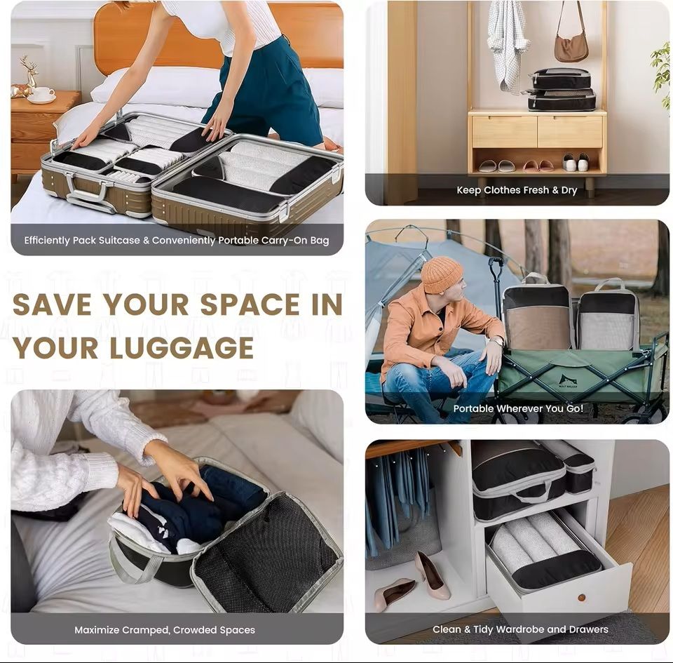 6 Piece Travel Packing Cube Set with Shoe Bag and Mesh Panels