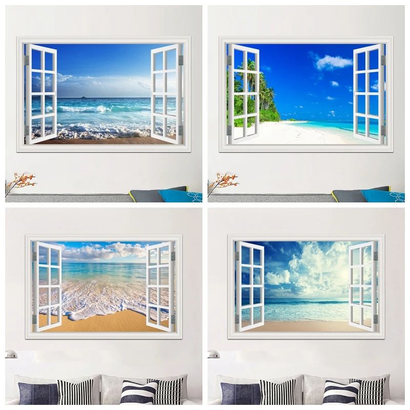 3D Beach Window View Wall Sticker – Ocean Sky Landscape Peel & Stick PVC Wallpaper