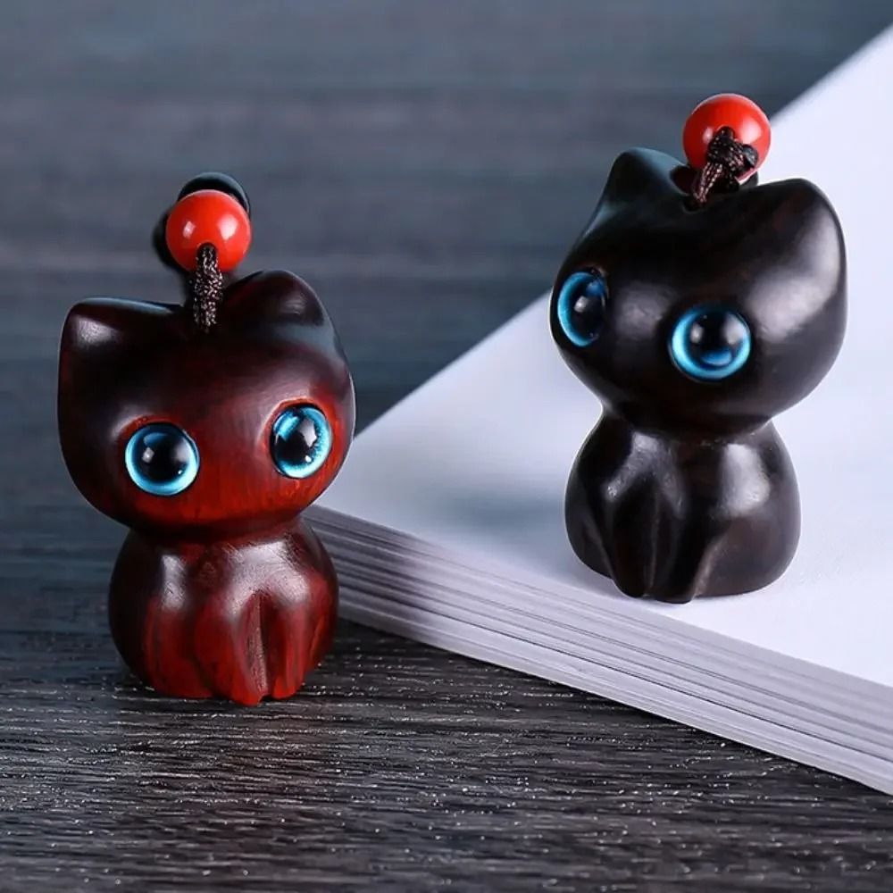 Creative Cute Cat Shape Lucky Blessing Charm Sandalwood Keychain Pendant