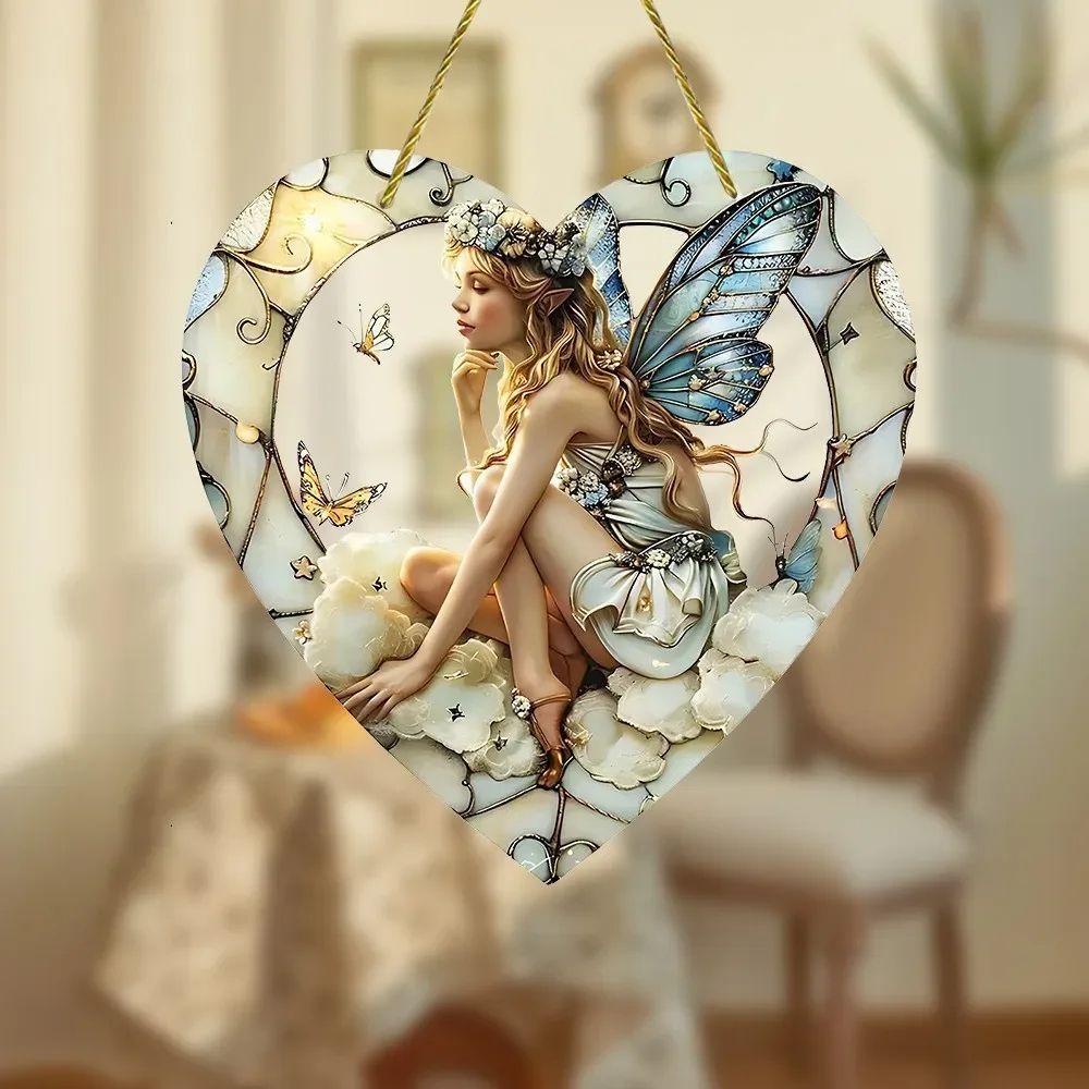 Magical Fairy Magic Night Suncatcher, Stained Glass Acrylic Heart Wall Hanging for Indoor Outdoor Home Garden Fantasy