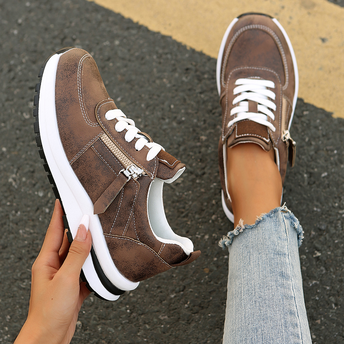 Fashion Women Sneakers, Round Head Thick Sole Shoes, Breathable Comfortable Casual Wear-resistant Style