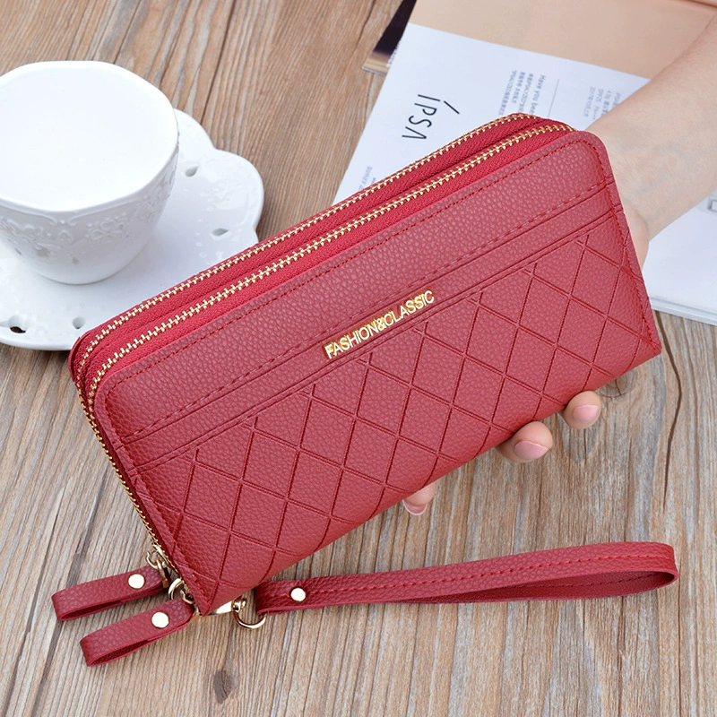 Womens PU Leather Double Zipper Wallet Clutch Large Capacity Wristlet Phone Purse & Card Holder with Money Clip