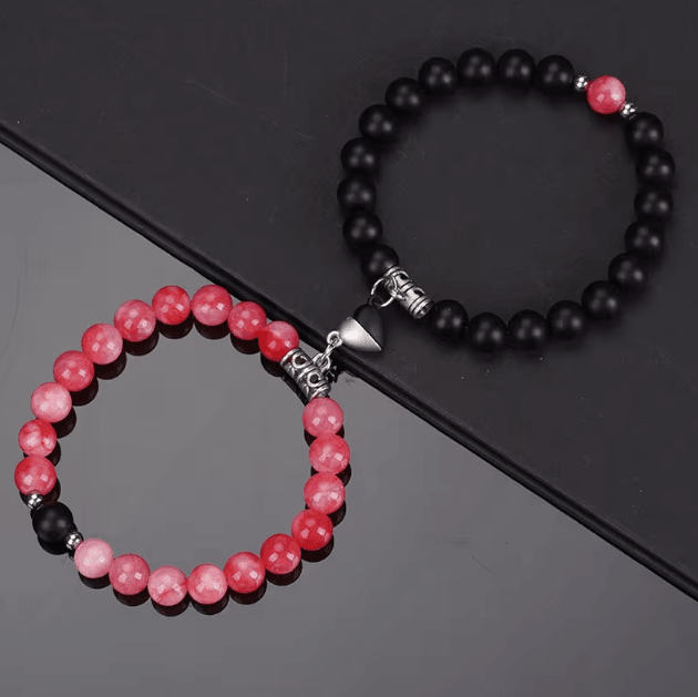 LavaLove 2-Pcs Beaded Couple Bracelets Set – Natural Stone Heart Magnetic Distance Bracelets Gift