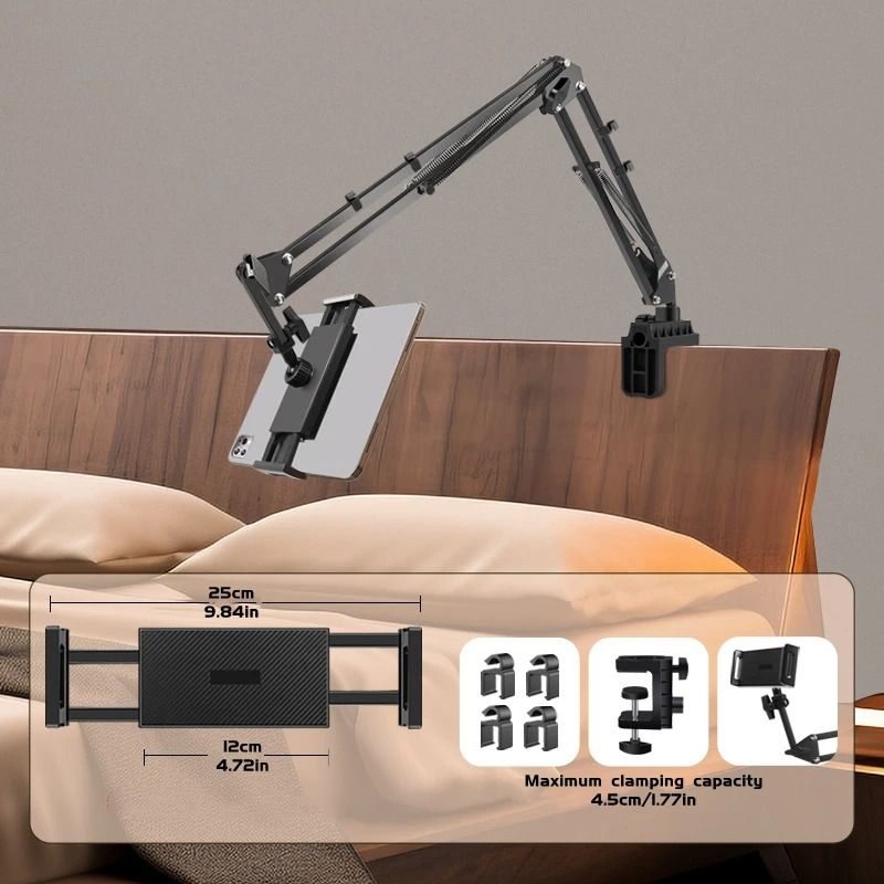 Adjustable Bed Tablet Holder with Rotatable Long Arm Clamp Mount