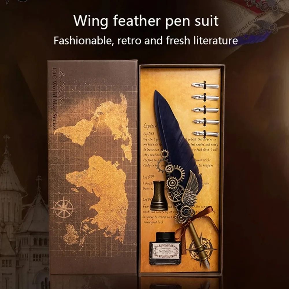 Antique Feather Dip Pen Calligraphy Quill Pen Set with Mechanical Wing Base