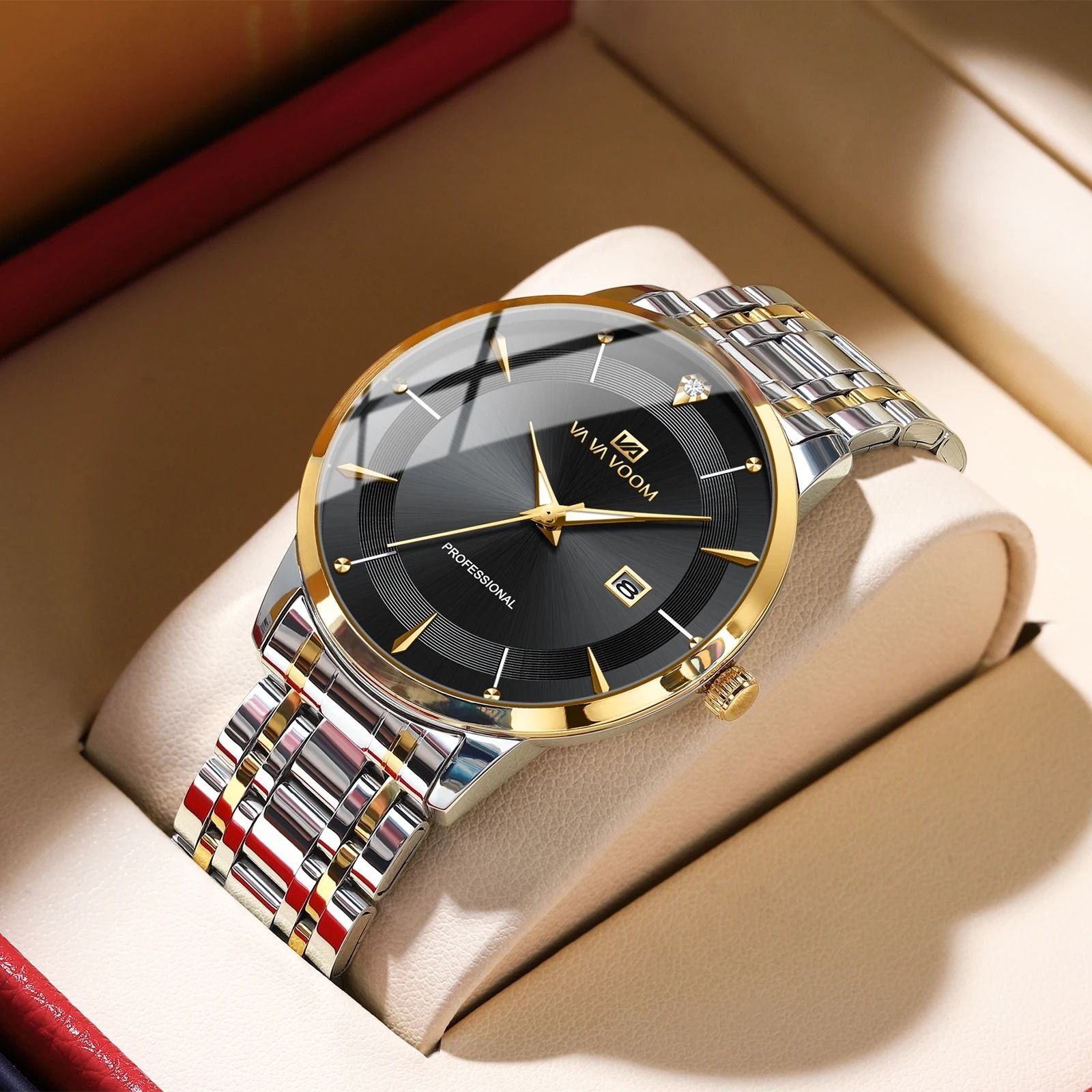 Mens Stainless Steel Rhinestone Business Watch 43mm Blue Gold Quartz