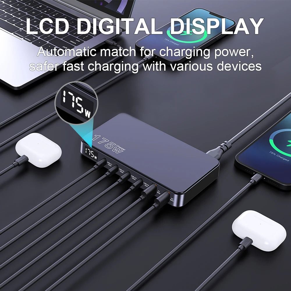 Ueetop 175W GaN 6-Port Desktop Charger | Ultra-Slim Fast Charging Station with LED Display