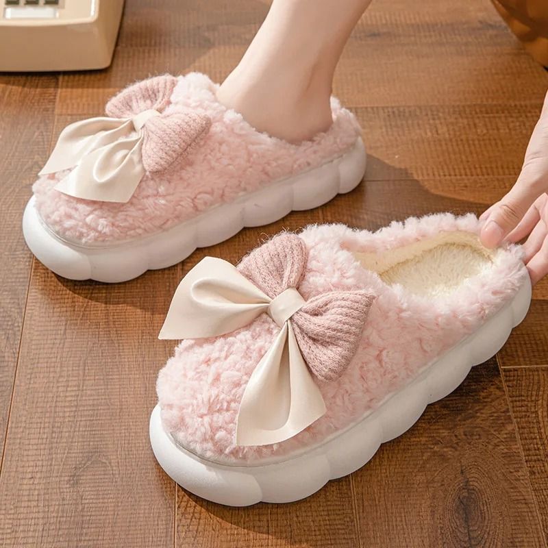 Women Winter Warm Plush Slippers with Bow