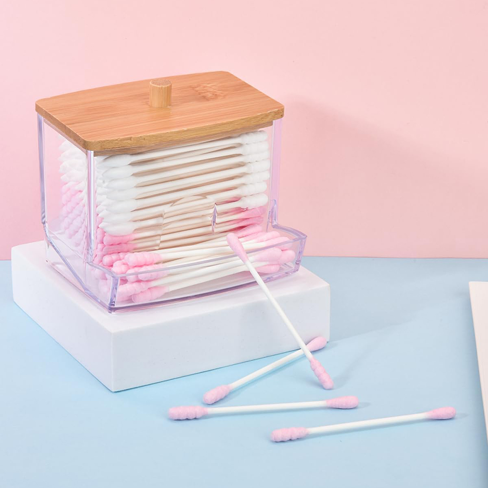 Acrylic Square Storage Box with Bamboo Cover Household Cotton Swab Tank for Bathroom Bedroom