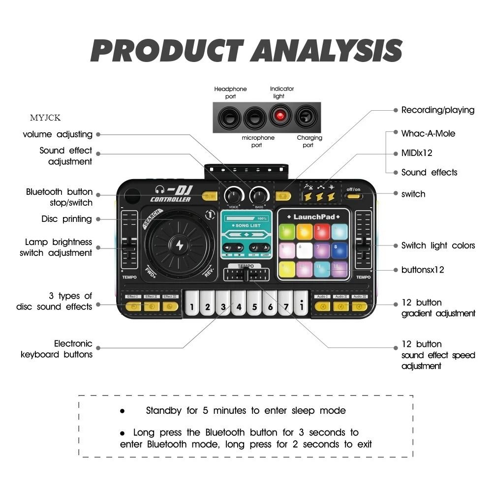 Kids DJ Mixer Keyboard with Microphone Bluetooth DJ Turntable Piano Set