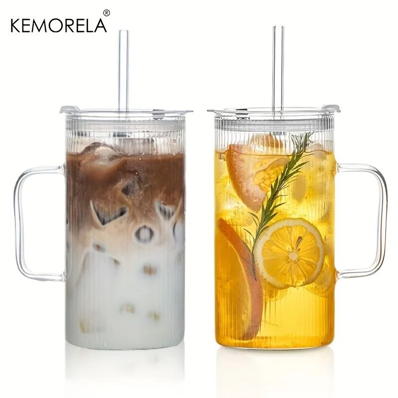 740ML Large Ribbed Glass Tumbler – High-Performance Clear Drinking Cup with Handle & Lid Set
