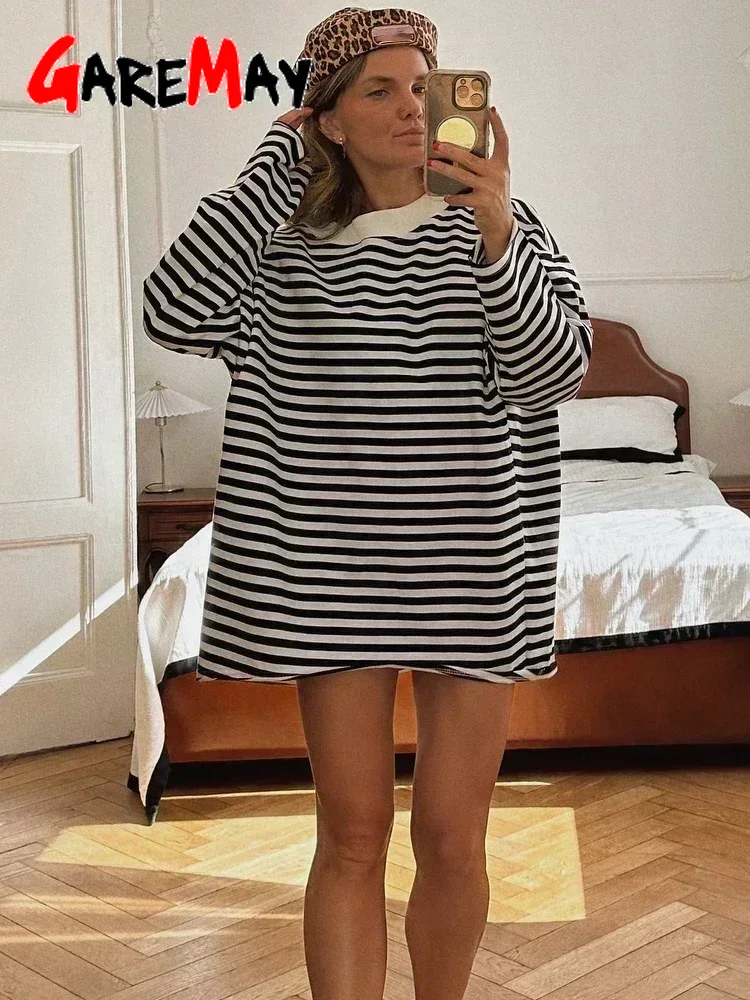 Black and White Striped Long Sleeve T-Shirt for Women, Oversized Cotton Casual Basic Top, Vintage Style Loose Fit Tee