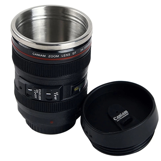 White and Black Camera Lens Mug - Stainless Steel EF24-105mm: Unique Coffee Cup Gift
