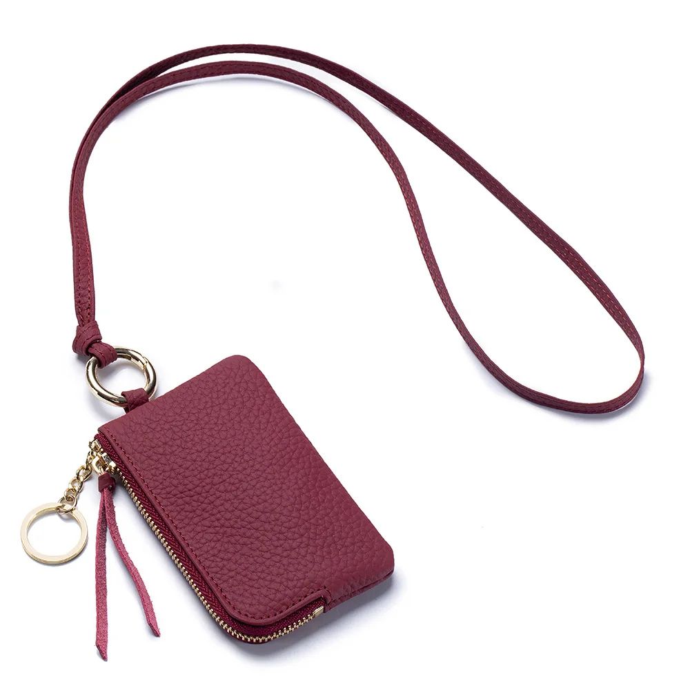 Genuine Leather Keychain Wallet Mini Card Holder with Zipper Coin Pouch